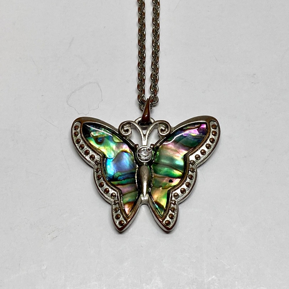 Vintage Abalone Rhinestone Butterfly Pendant + 18" Silver Tone Chain Necklace‎